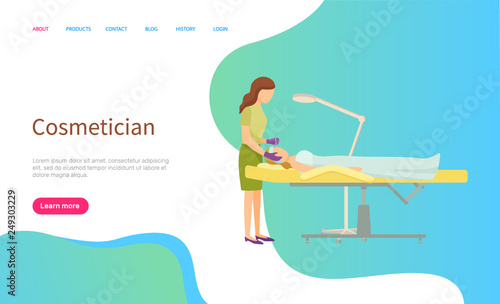 Cosmetician service vector, beauty master and client. Woman in towel on procedure table under lamp and facial skin treatment, acne and black spots