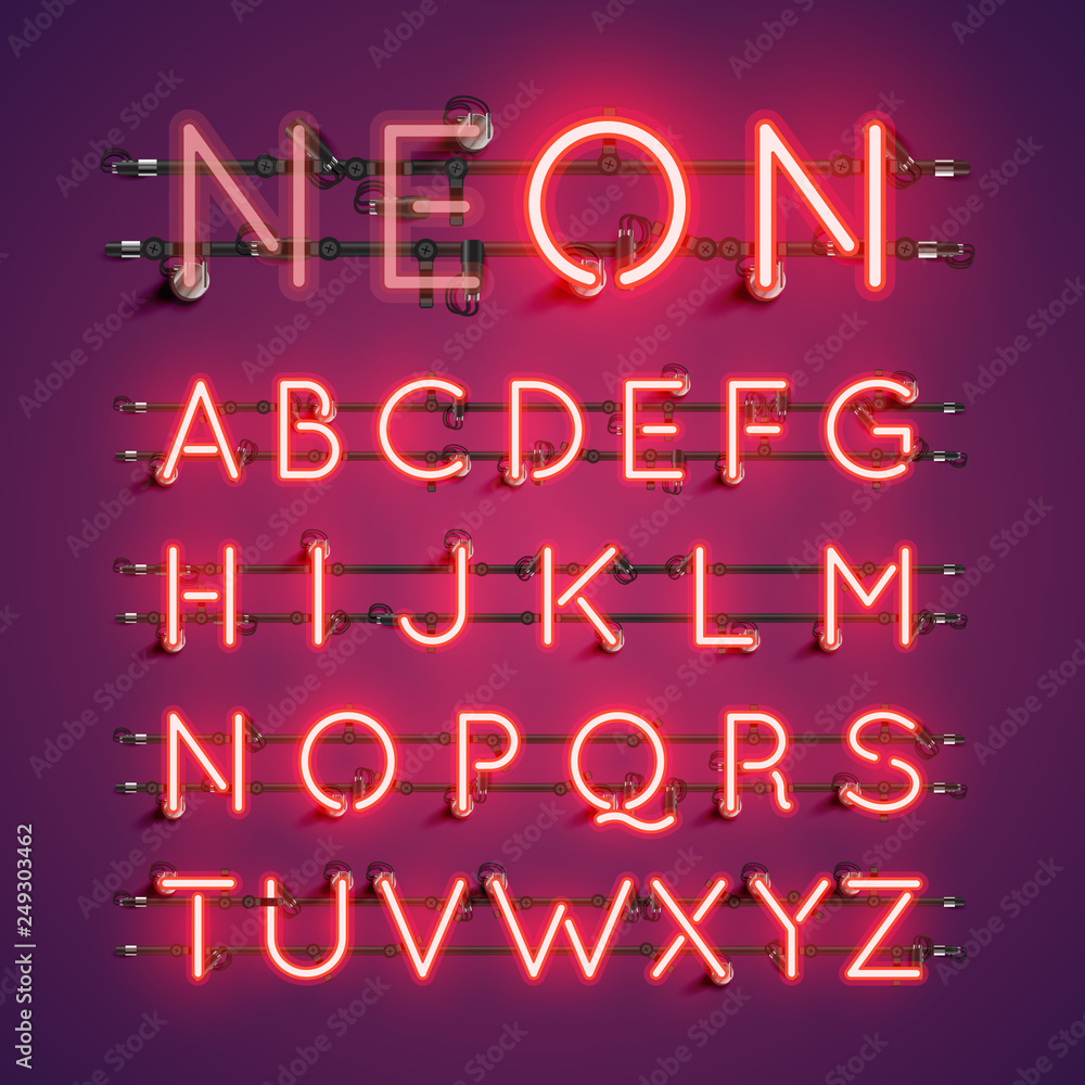 Yellow realistic neon character set with wires and console, vector illustration Yellow realistic neon character set with wires and console, vector illustration