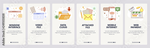 Web site onboarding screens. Data cloud sync, media files and mobile internet. Menu vector banner template for website and mobile app development. Modern design flat illustration.