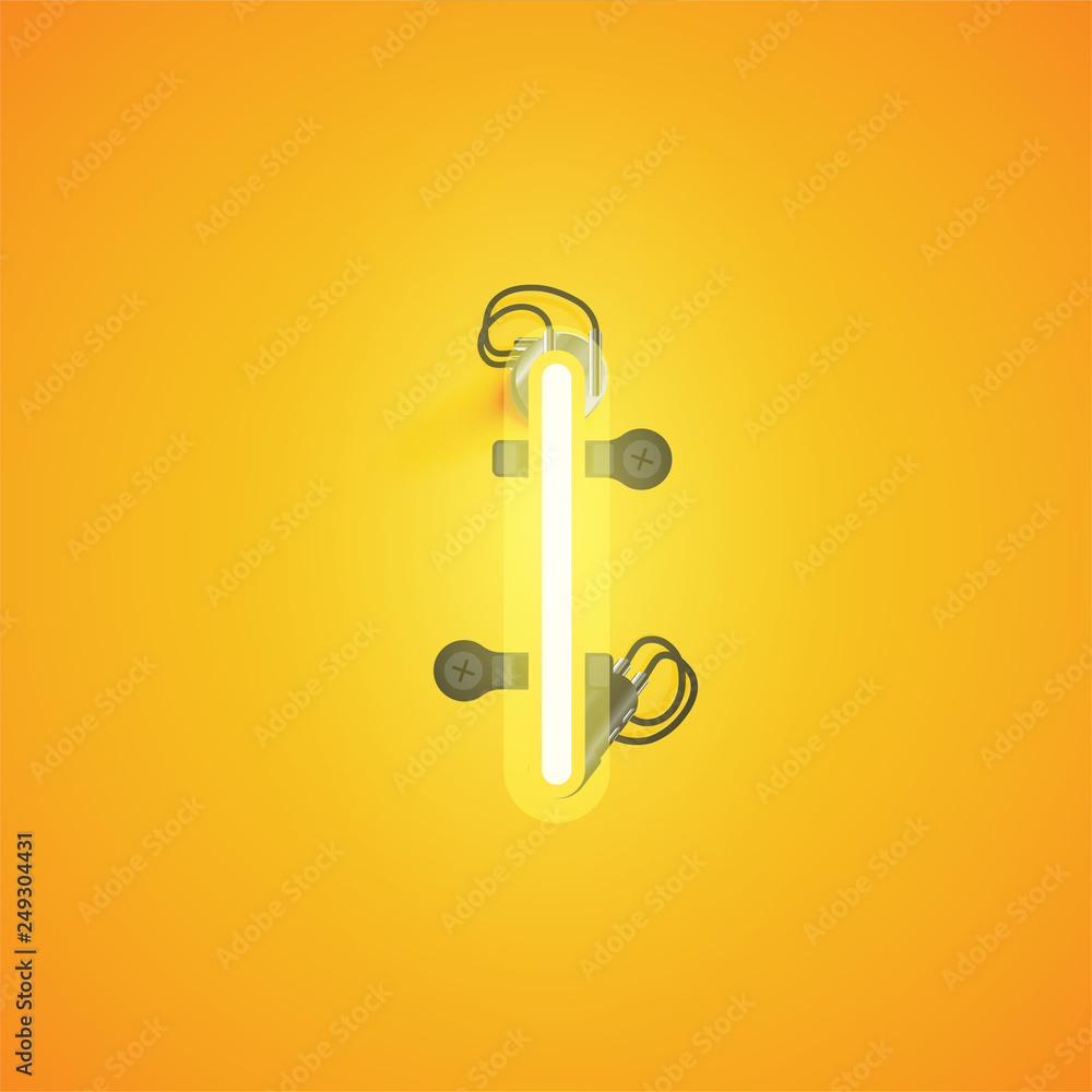 Yellow realistic neon character with wires and console from a fontset, vector illustration Yellow realistic neon character with wires and console from a fontset, vector illustration