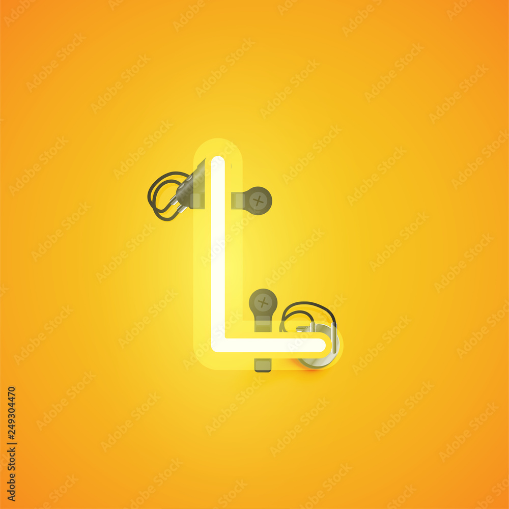 Yellow realistic neon character with wires and console from a fontset, vector illustration Yellow realistic neon character with wires and console from a fontset, vector illustration