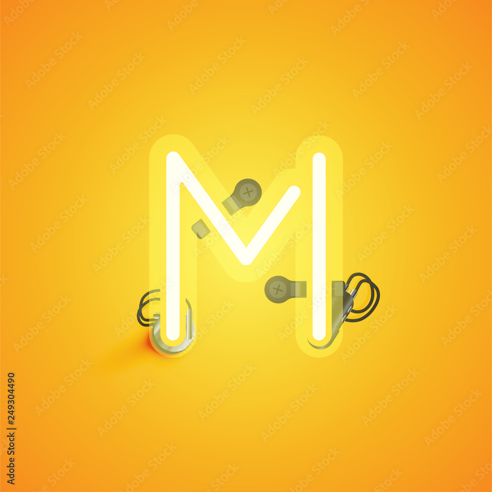 Yellow realistic neon character with wires and console from a fontset, vector illustration Yellow realistic neon character with wires and console from a fontset, vector illustration