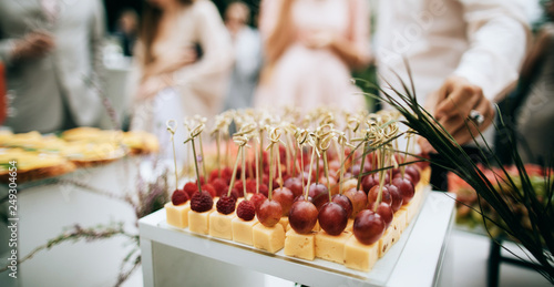 Beautifully decorated catering banquet table with Appetizers on outdoor 