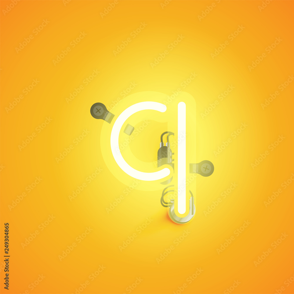Yellow realistic neon character with wires and console from a fontset, vector illustration Yellow realistic neon character with wires and console from a fontset, vector illustration