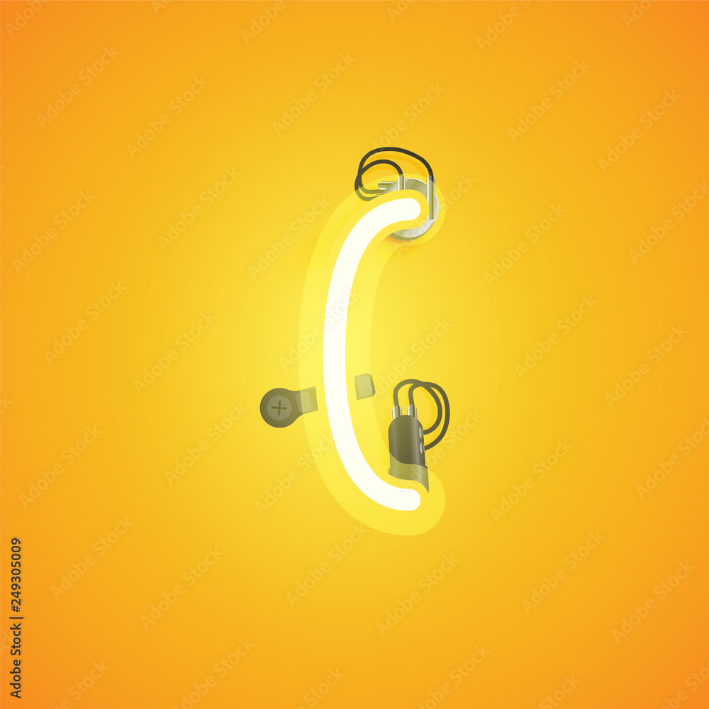 Yellow realistic neon character with wires and console from a fontset, vector illustration Yellow realistic neon character with wires and console from a fontset, vector illustration