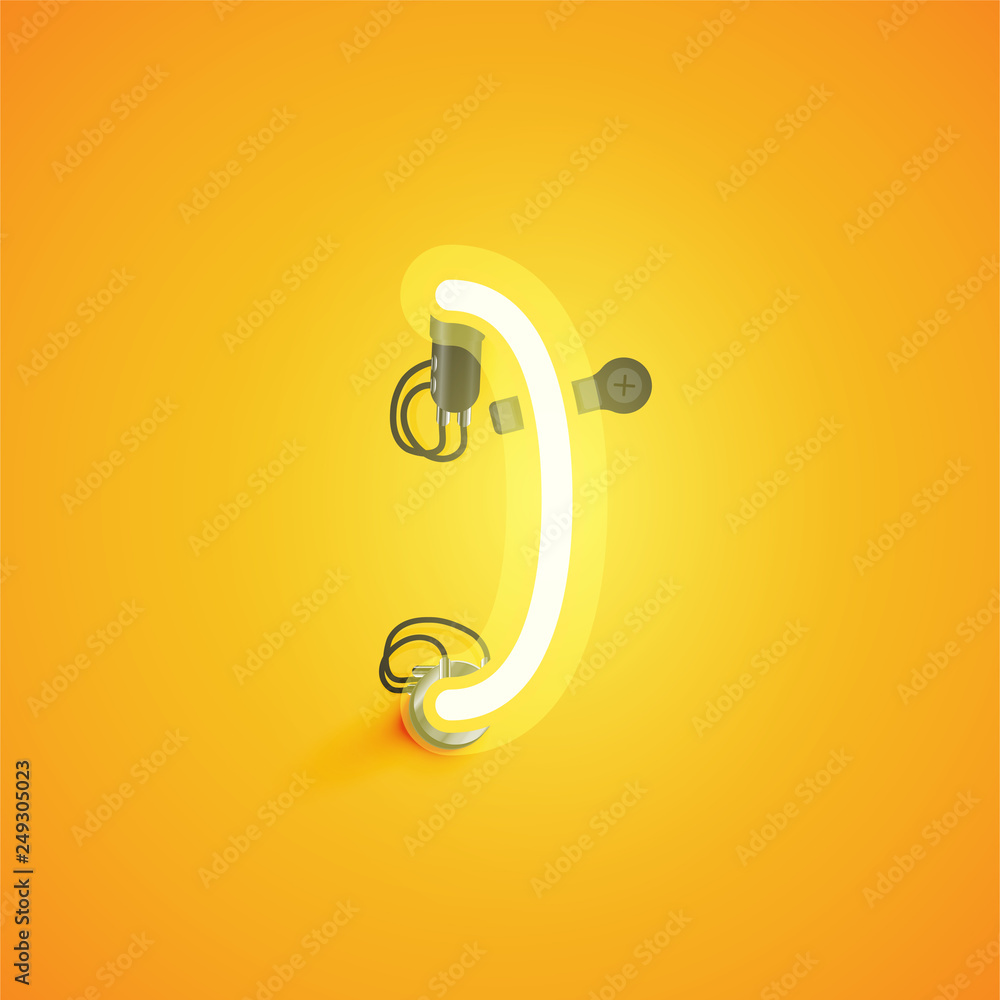 Yellow realistic neon character with wires and console from a fontset, vector illustration Yellow realistic neon character with wires and console from a fontset, vector illustration