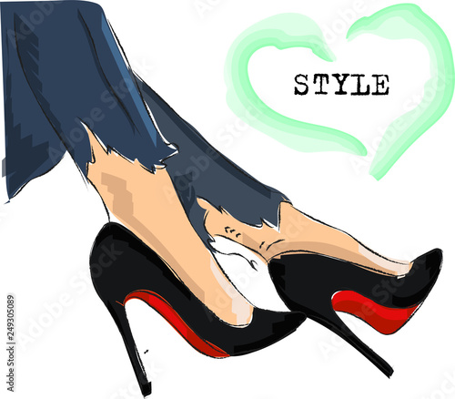 Cute hand drawn legs in black court shoes. Fashion accessories. Sketch