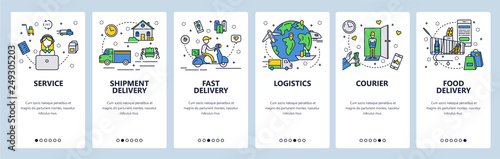 Web site onboarding screens. Fast shipping and food delivery. Menu vector banner template for website and mobile app development. Modern design flat illustration.
