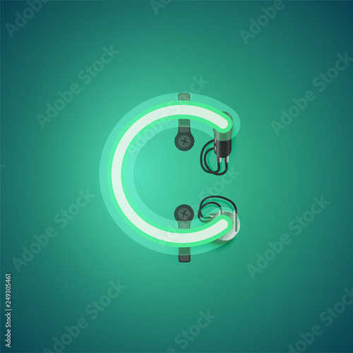 Green realistic neon character with wires and console from a fontset, vector illustration