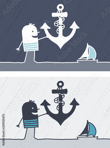 Cartoon black or white people - sailor with anchor