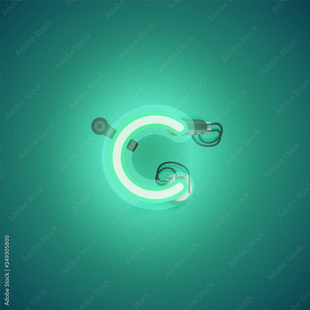 Green realistic neon character with wires and console from a fontset, vector illustration Green realistic neon character with wires and console from a fontset, vector illustration