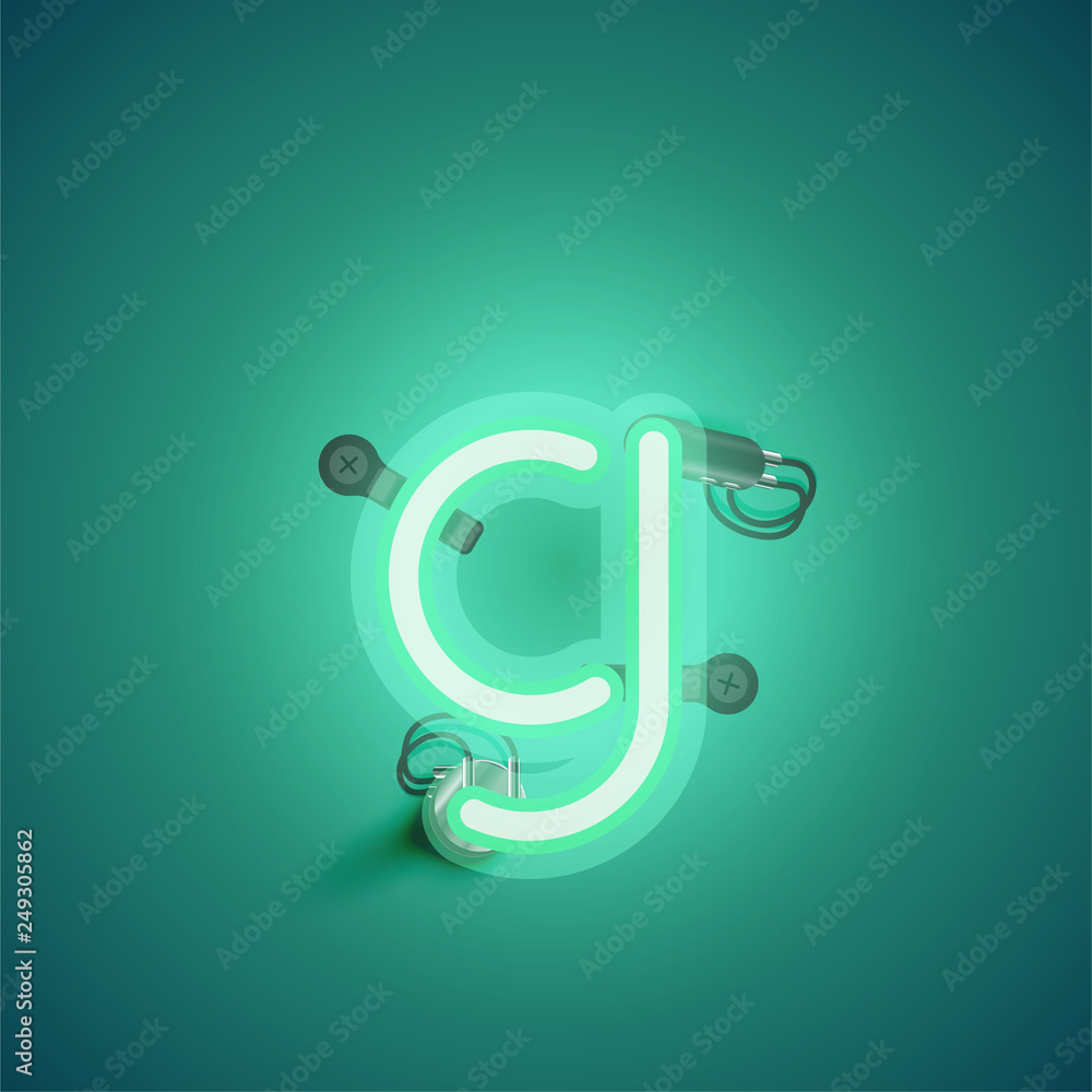 Green realistic neon character with wires and console from a fontset, vector illustration Green realistic neon character with wires and console from a fontset, vector illustration