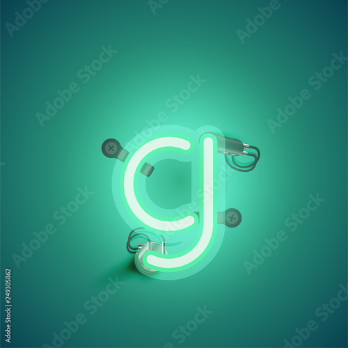 Green realistic neon character with wires and console from a fontset, vector illustration