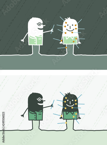 Cartoon black or white people - man and acupuncture