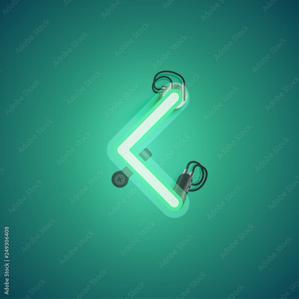 Green realistic neon character with wires and console from a fontset, vector illustration Green realistic neon character with wires and console from a fontset, vector illustration