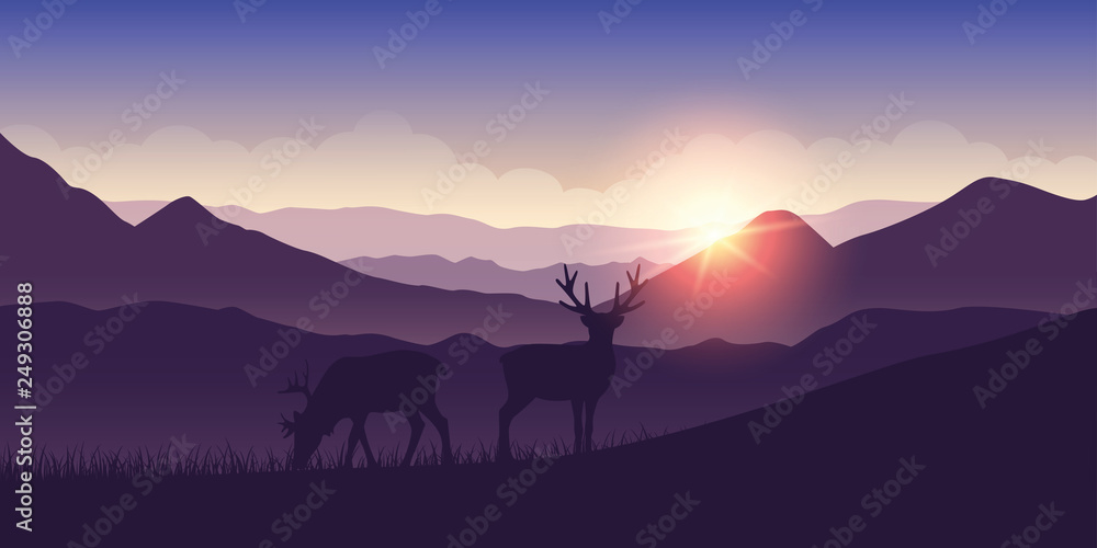 two wildlife reindeers on purple mountain landscape at sunrise vector illustration EPS10