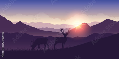 two wildlife reindeers on purple mountain landscape at sunrise vector illustration EPS10