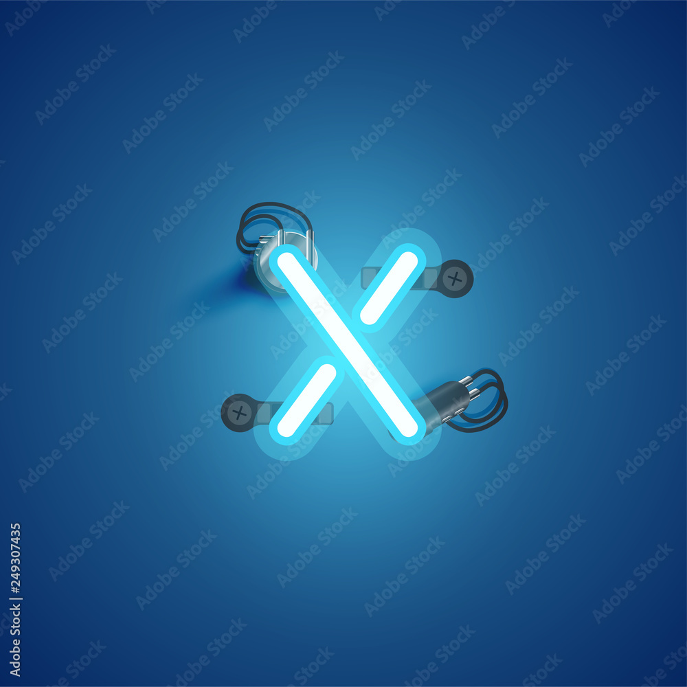 Blue realistic neon character with wires and console from a fontset, vector illustration Blue realistic neon character with wires and console from a fontset, vector illustration