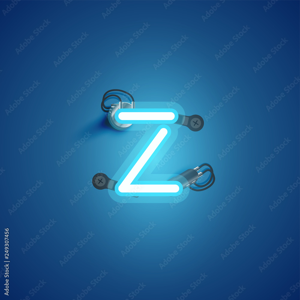 Blue realistic neon character with wires and console from a fontset, vector illustration Blue realistic neon character with wires and console from a fontset, vector illustration