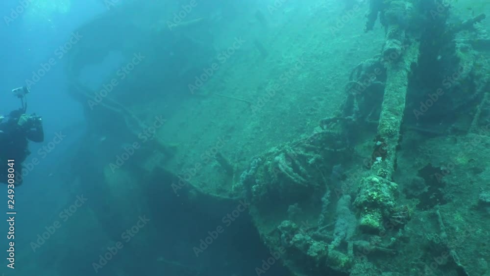 Thistlegorm Ship Wreck Diver Filming Underwater Red Sea Egypt Thistlegorm Ship Wreck Diver Filming Underwater Red Sea Egypt