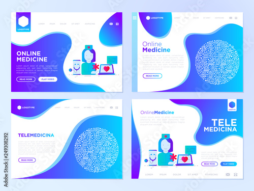 Online medicine web page templates: doctor consulting by video call on laptop or smartphone. Telemedicine concept. Gradient flat icons. Modern vector illustration.