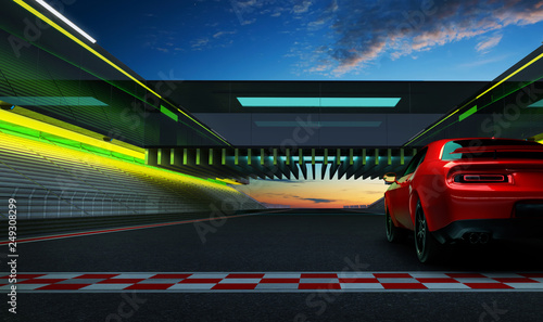 Rear left angle view of a generic red brandless American muscle car on a race track background . Transportation concept .3d illustration and 3d render.
