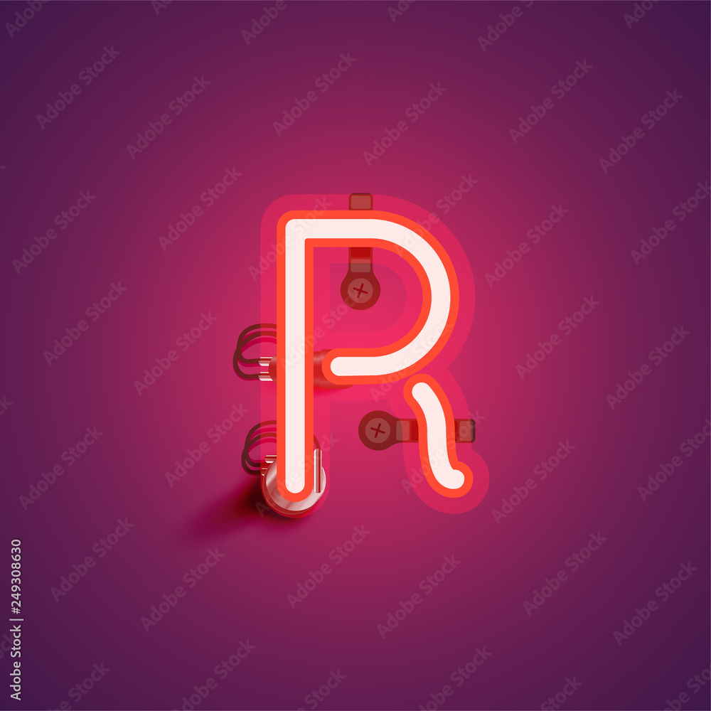 Red realistic neon character with wires and console from a fontset, vector illustration Red realistic neon character with wires and console from a fontset, vector illustration