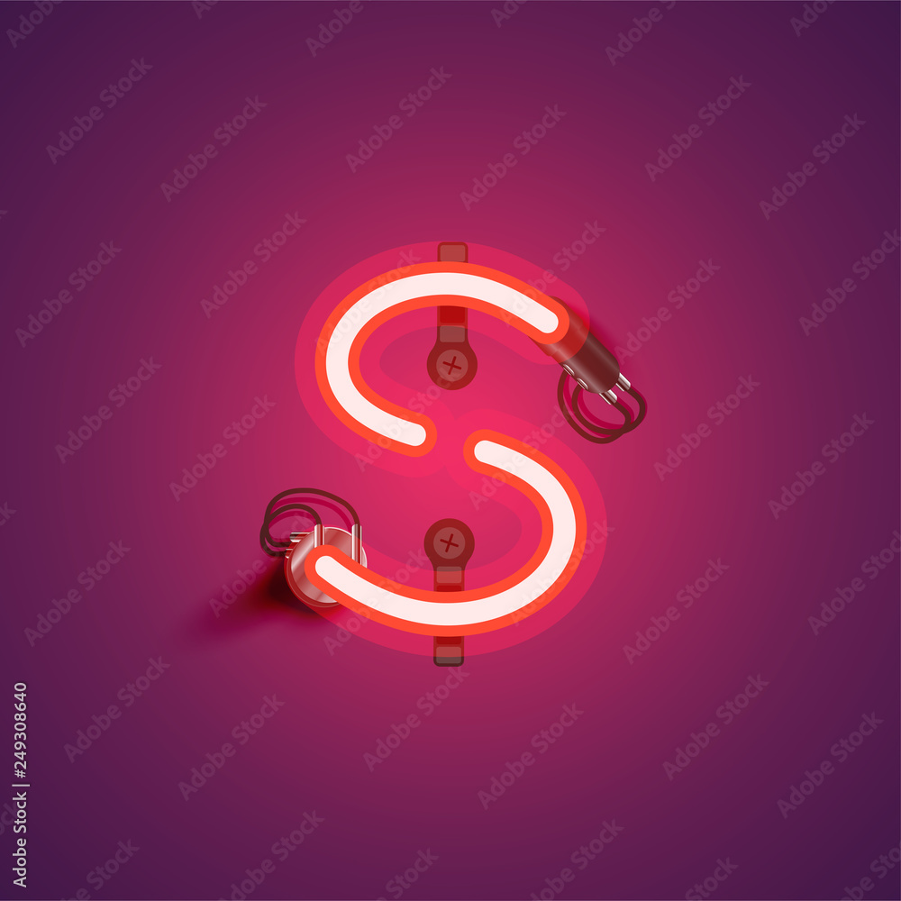 Red realistic neon character with wires and console from a fontset, vector illustration Red realistic neon character with wires and console from a fontset, vector illustration