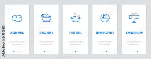 Cheese menu, Salad menu, First meal, Second courses, Banquet menu Vertical Cards with strong metaphors.