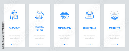 Take away, Best tea for you, Fresh bakery, Coffee break, Bon Appetit Vertical Cards with strong metaphors.