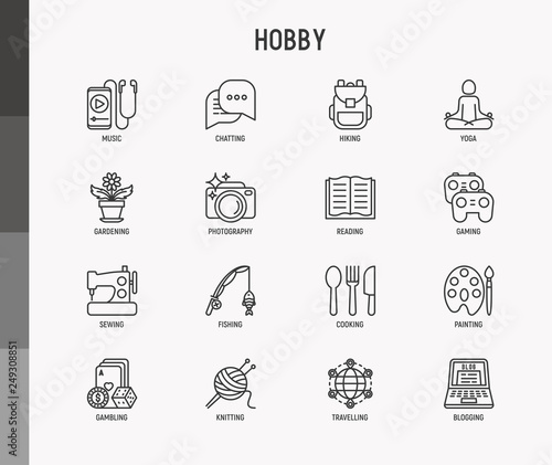 Fotografia Hobby thin line icons set: reading, gaming, gardening, photography, cooking, sewing, fishing, hiking, yoga, music, travelling, blogging, knitting