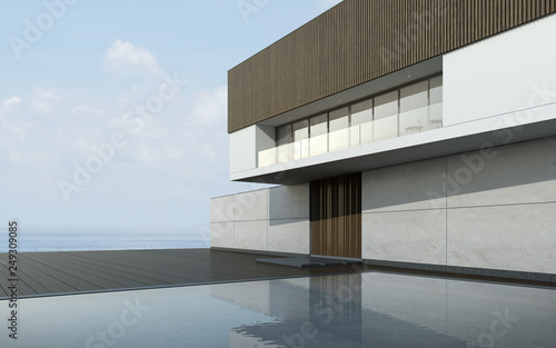 Perspective of modern building with terrace and swimming pool on sea view background,Idea of family vacation,minimal architecture design. 3D rendering.