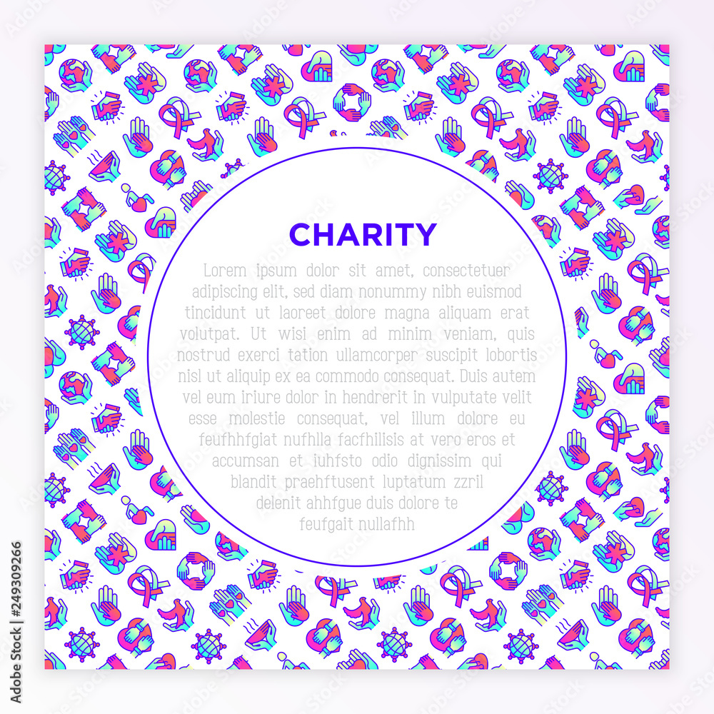 Charity concept with thin line icons: donation, save world, reunion, humanitarian aid, ribbon, medical support, charity to disabled people, life saving. Vector illustration, print media template. Charity concept with thin line icons: donation, save world, reunion, humanitarian aid, ribbon, medical support, charity to disabled people, life saving. Vector illustration, print media template.