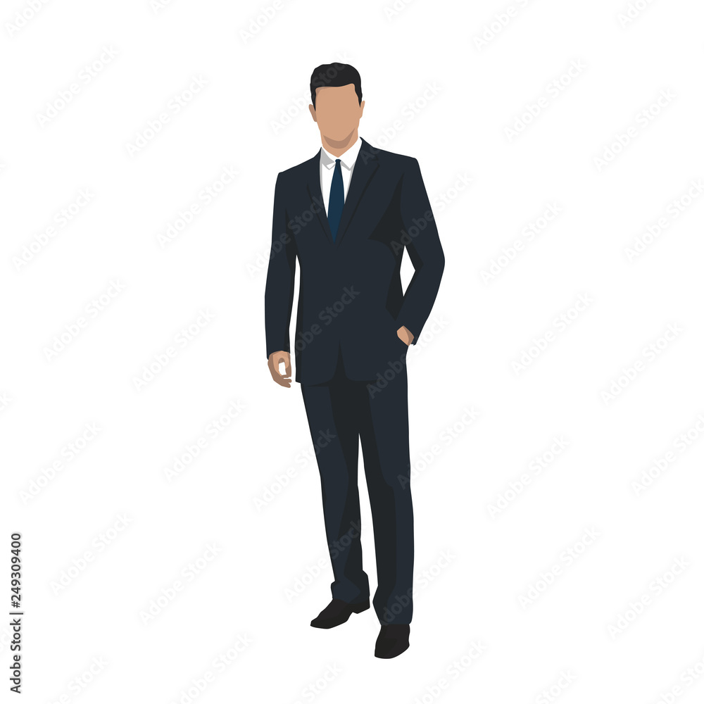 Businessman in dark suit standing with hand in pocket, isolated vector illustration. Flat design. Business people
