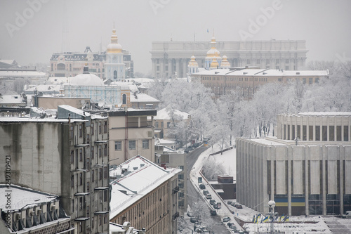 Winter aerial view to the central part of Kyiv, Ukraine. 06-02-2019