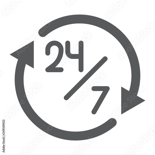 Twenty four hour glyph icon, open and service, 24 hours sign, vector graphics, a solid pattern on a white background.