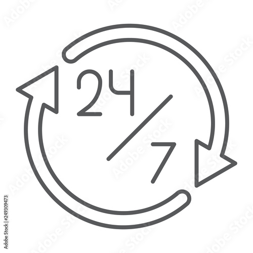 Twenty four hour thin line icon, open and service, 24 hours sign, vector graphics, a linear pattern on a white background.