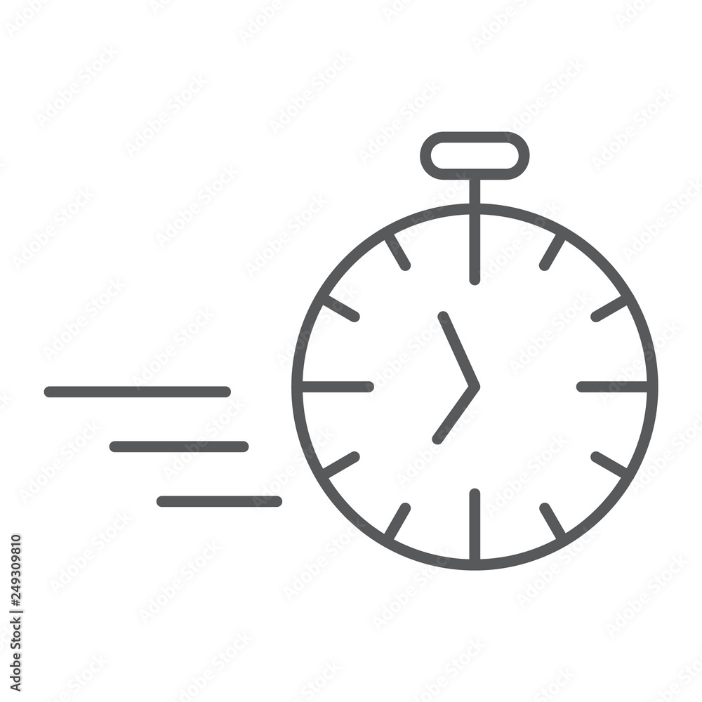 Fast stopwatch thin line icon, time and speed, timer sign, vector graphics, a linear pattern on a white background. Fast stopwatch thin line icon, time and speed, timer sign, vector graphics, a linear pattern on a white background.