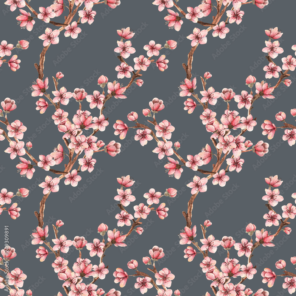 Cherry blossom,spring flowers watercolor illustration,branches, flowers,card for you,handmade,seamless pattern,dark background