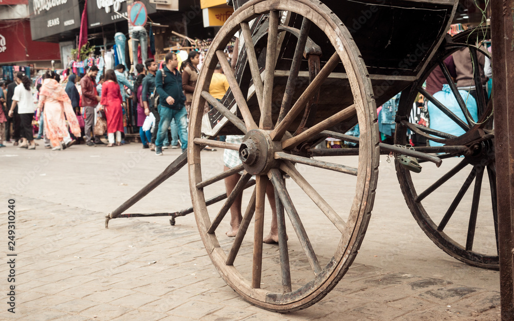KOLKATA, WEST BENGAL, INDIA - JANUARY 5 2019: Traditional hand pulled rickshaws, also called 
