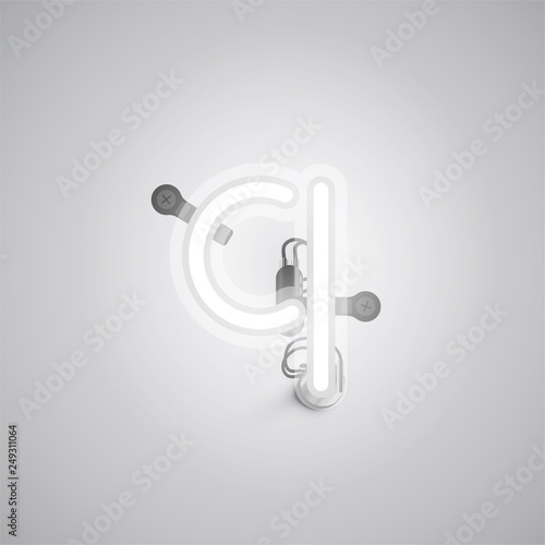 Gray realistic neon character with wires and console from a fontset, vector illustration