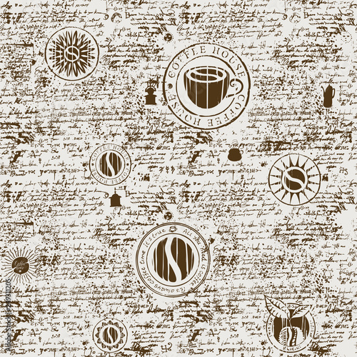Vector seamless pattern on the coffee theme with a various coffee symbols, blots and inscriptions on a background of old manuscript in retro style. Can be used as wallpaper or wrapping paper