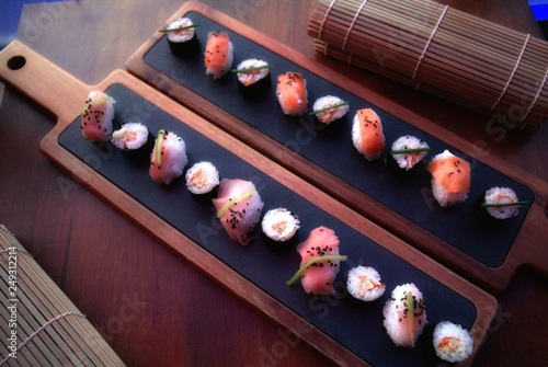 Overhead japanese sushi food. Maki ands rolls with tuna, salmon, shrimp. Eat menu nigiri.