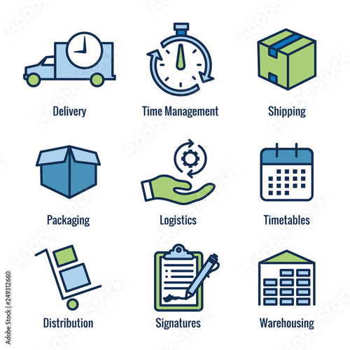 Shipping and Receiving Icon Set with Boxes, Warehouse, checklist, etc