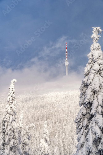 Quadro su tela Telecommunication tower on the barren hill covered with low clouds, Praded, Czech Republic