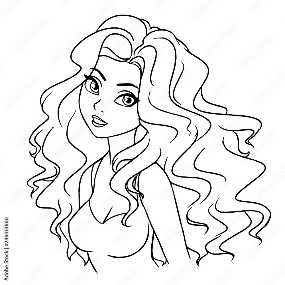 Beautiful cartoon smiling girl portrait. Long hair, big eyes. Outline art for coloring book. Stock Vector | Adobe Stock Beautiful cartoon smiling girl portrait. Long hair, big eyes. Outline art for coloring book. Stock Vector | Adobe Stock