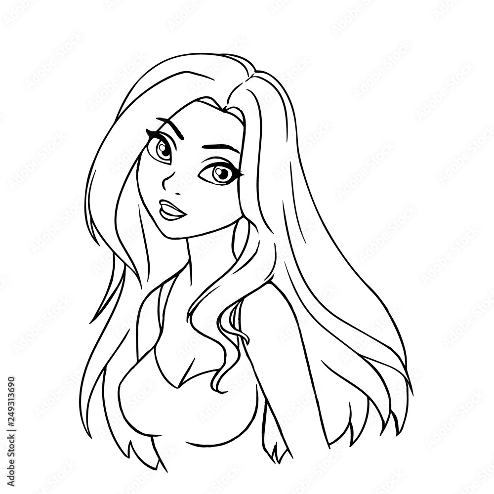 Beautiful cartoon smiling girl portrait. Long hair, big eyes. Outline art  for coloring book. Stock Vector | Adobe Stock