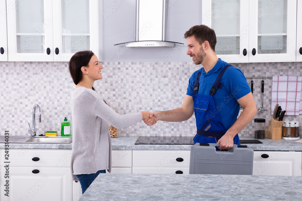 Fototapeta premium Plumber Shaking Hands With Woman