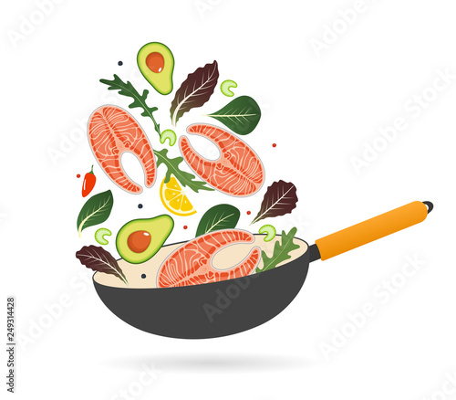 Pan with salmon steak, avocado, tomatoes and lettuce. Top view. Creative design for breakfast menu, cafe, restaurant. Vector illustration.
