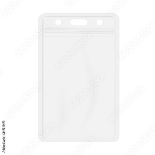 Clear plastic card holder with zip lock isolated on white background, realistic vector mockup. Vertical vinyl badge sleeve envelope with hanging slot, template